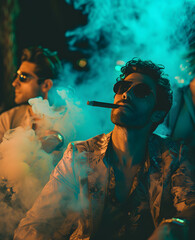 well dressed man smoking cigar in a nightclub covered in smoke