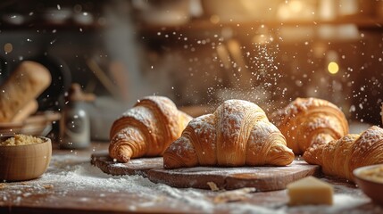 Baker meticulously crafts croissants, skillfully sprinkling sugar glaze on each one, creating a delectable treat straight from the oven - obrazy, fototapety, plakaty