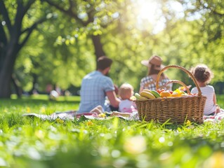 A photo of a family enjoying a picnic in a lush green park on a sunny summer day, with a basket of food and children playing in a candid,