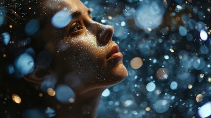 A woman looking up towards the sky, her face illuminated by the moonlight and glimmering silver particles.