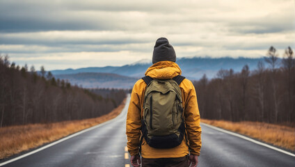 back view of a backpacker with an empty highway in the background