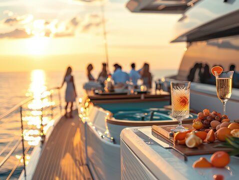 A photo of a luxurious summer yacht party with people in stylish summer attire, cocktails, and a beautiful ocean backdrop in a glamorous