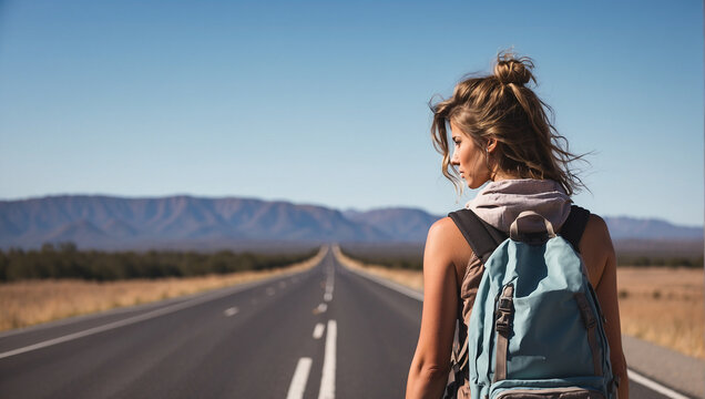 back view of a female backpacker with an empty highway in the background