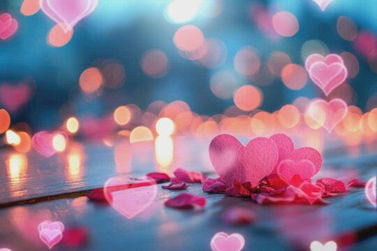 Valentine's Day Themed Background. With An Empty Pastel Color Wooden Table For Product Display, Abstract Background With Bokeh Defocused Lights. seamless looping time-lapse virtual 4k video animation 