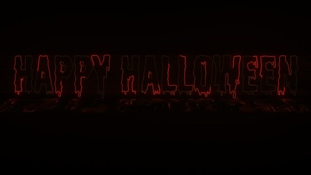 Happy Halloween neon signboard with floor reflaction on dark background. Letters contour. Greeting for halloween orange color.