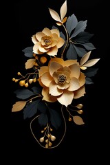 Beautiful golden flowers with black leaves isolated on a dark black background. Creative mystery concept. Elegant love and passion floral idea. 3d Illustration