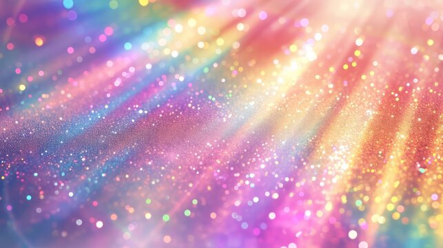 Abstract holographic background with pastel colors,  glitters, designed as a soft template. This seamless and trendy backdrop features a colorful wave rainbow