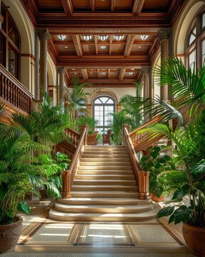 A photo of an elegant summer resort lobby, with lush indoor plants and a grand staircase, in a sophisticated architectural photography 