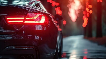 Rear view of a modern and luxurious black sports car - obrazy, fototapety, plakaty