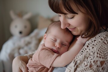 Loving mom carrying of her newborn baby at home. Bright portrait of happy mum holding sleeping infant child on hands. Mother hugging her little 2 months old son.
