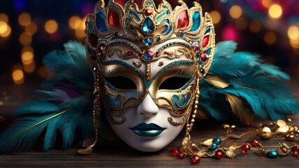 Regal Splendor of a royal white mask with turquoise feathers.