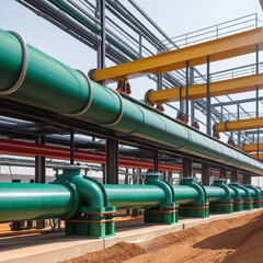 Intertwined water pipes, natural gas pipelines made of steel pipes, oil field construction concept drawings
