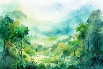 Vivid tropical scenery in watercolor, a lush isolated jungle with woodland landscape and green forest. Generative AI