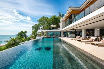 Luxury beach house with infinity pool and sea view. - obrazy, fototapety, plakaty