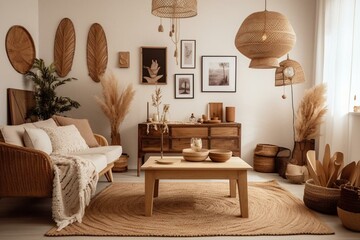 Bohemian living room with a beige interior, framed poster, elegant accessories, dried flowers, wooden console, and hanging rattan hut. Generative AI