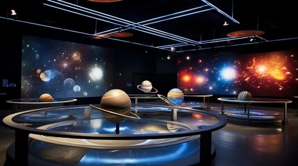 Explore the wonders of a simulated space exploration exhibit, with a stunning 3D rendering of planets, moons, and celestial bodies in our solar system.