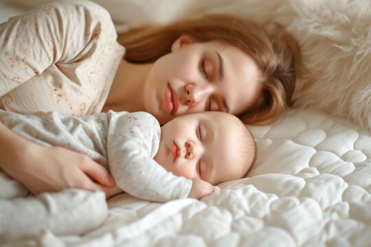 mother and a baby sleeping together, on a big white bed 