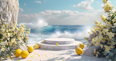Fotobehang white marble podium with ocean wave splash and lemon fresh and bright theme product display and presentation background © Wipada