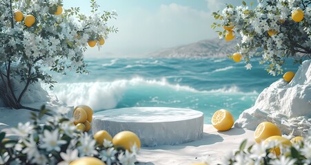 white marble podium with ocean wave splash and lemon fresh and bright theme product display and presentation background - obrazy, fototapety, plakaty