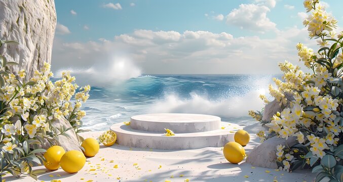 White Marble Podium With Ocean Wave Splash And Lemon Fresh And Bright Theme Product Display And Presentation Background