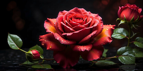 An enchanting rose, aflame with fire, emerges from the darkness of the background.