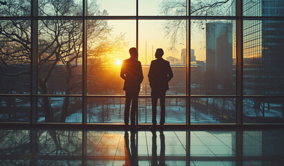 Silhoutte of Two directors discuss ideas after meeting while standing near office window young economists relax after conference. Generative AI