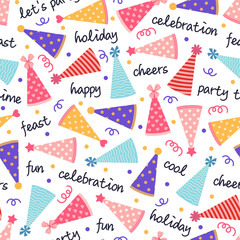 Party hats seamless vector pattern. Cones with stripes, stars, hearts, polka dots. Paper headdress for kids, colorful confetti and text. Caps for birthday, carnival, holiday. Flat cartoon background