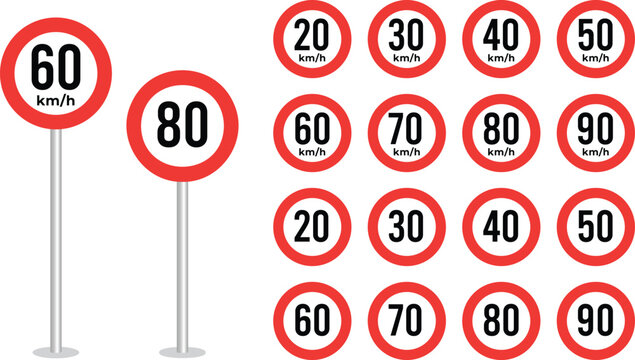 Speed limit signs with black number and red circle. Speed limit icon collection. Road sign speed limit on white background.