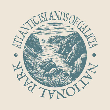 Atlantic Islands of Galicia, Pontevedra, Spain Illustration Clip Art Design Shape. National Park Vintage Icon Vector Stamp.