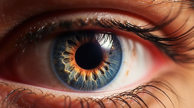 A macro photograph of a human eye with dilated pupils, highlighting the negative impact of light pollution on human health. Exposure to artificial light at night can disrupt our natural circadian