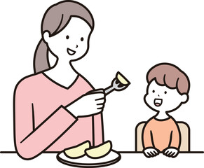 母親が子供にリンゴを食べさせているイラスト素材