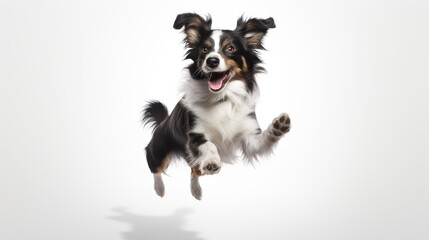 exuberant border collie mid leap, isolated white background