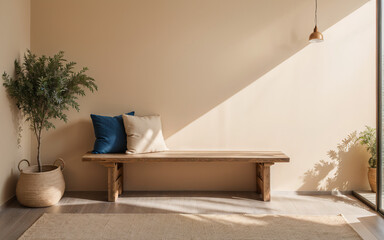 Chair against a concrete wall with ample copy space, defining the rustic minimalist home interior design of a modern living room.