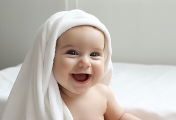 Baby with a wide smile in a white towel.