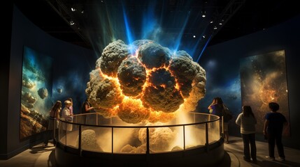 Highlight the breathtaking realism of a 3D-rendered meteor impact exhibit, capturing the dramatic effects of celestial collisions on Earth's geological history. - obrazy, fototapety, plakaty