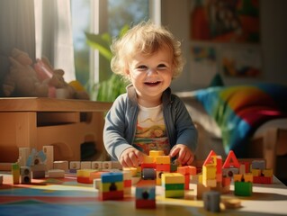 Little child playing with building blocks on the floor in the room.