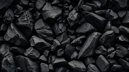 a high-resolution image displaying a variety of black stones with different textures and shapes, creating a natural, monochromatic background - obrazy, fototapety, plakaty