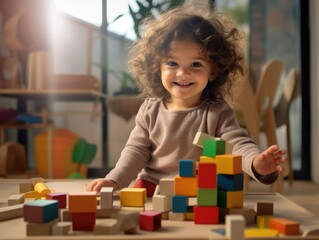 Child playing with colorful wooden blocks.