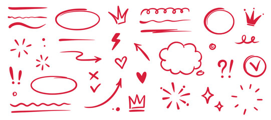 Hand drawn red highlight, text underline, emphasis mark, line shape set. Hand drawn scribble arrow, love heart, speech bubble, crown element. Marker, pen brush stroke. Vector illustration - obrazy, fototapety, plakaty