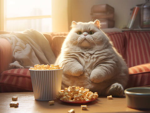 Big fluffy cat sitting on home couch watching movie with popcorn