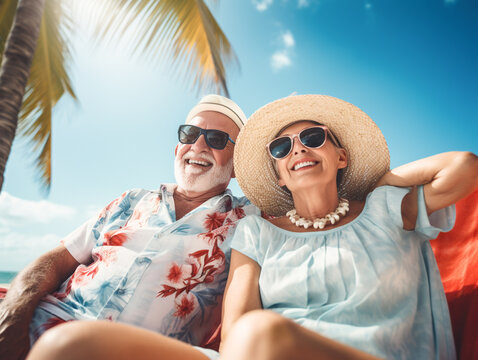 Happy senior couple having vacation on a tropical beach with palm trees