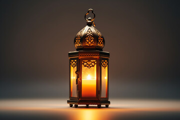 Vintage Arabic lantern with burning candles on dark background. Ramadan Kareem concept