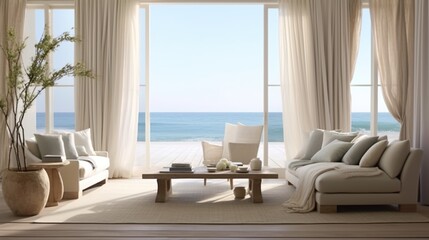 Fototapeta na wymiar Interior of coastal living room with a view