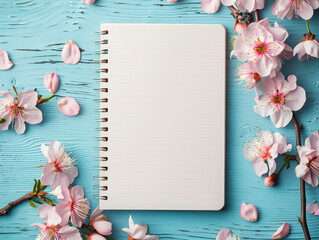 Top view blank diary note book decorated in valentine's romantic background with flowers, empty note 