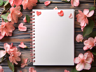 Top view blank diary note book decorated in valentine's romantic background with flowers, empty note 