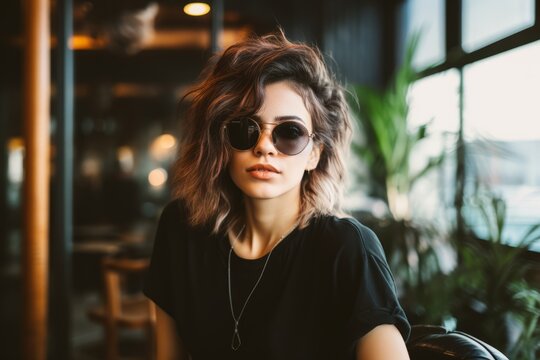 Beautiful young woman with sunglasses in a cafe. Portrait of a girl in a cafe.