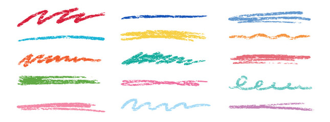 Crayon brush stroke color underline. Chalk pen highlight stroke. Vector hand drawn brush underline element set for accent, crayon texture emphasis element. Color kid chalk vector illustration - obrazy, fototapety, plakaty