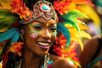 Joyful carnival dancer in a feathered costume.