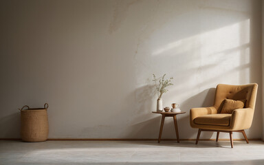 Chair against a concrete wall with ample copy space, defining the rustic minimalist home interior design of a modern living room.
