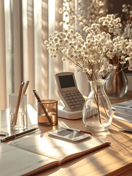 cozy working table with white dry flower in a glass jar by the window. good mood, relax, heart warming background